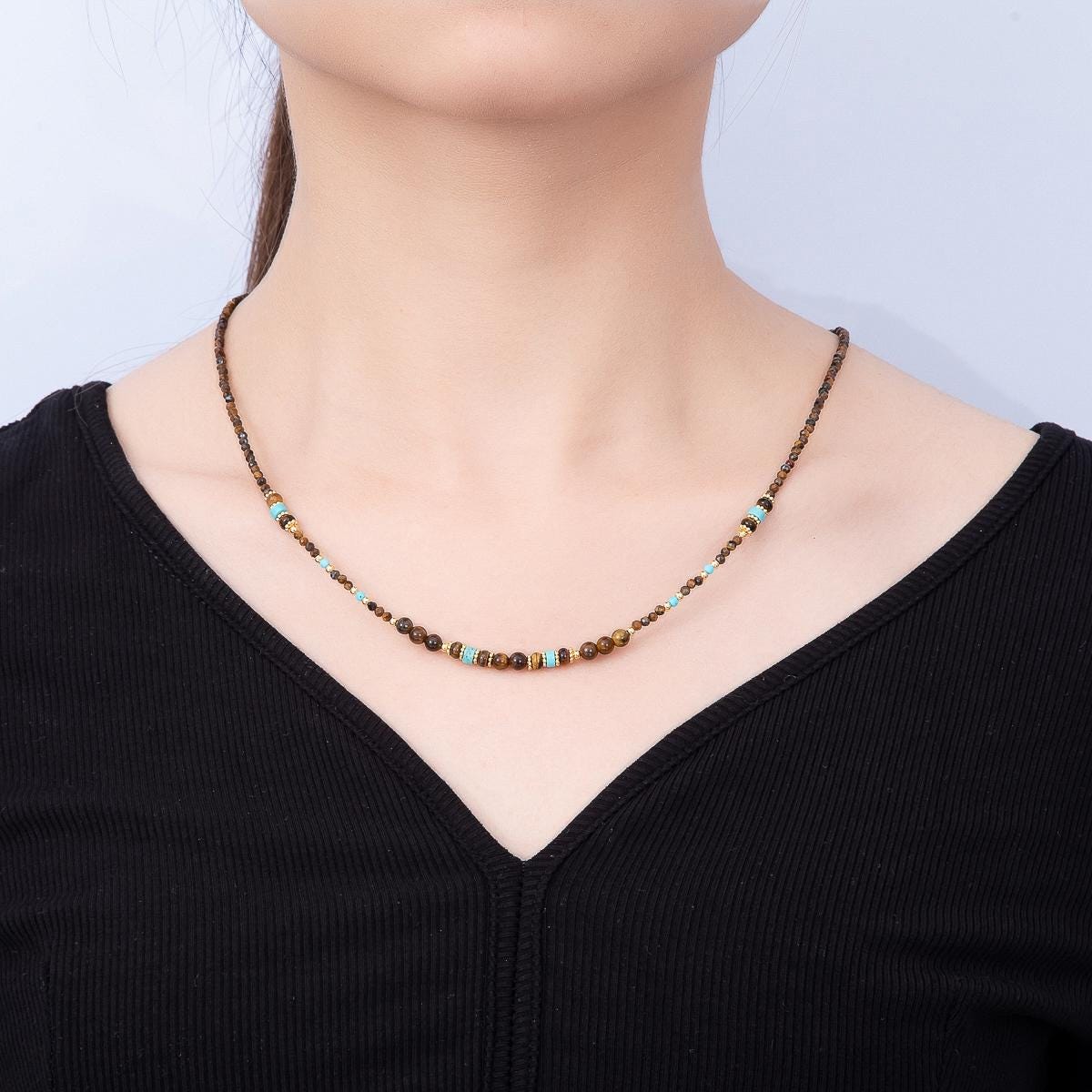 Handmade 4mm Turquoise Tiger Eye Round Gradient Gemstone Chain 22 Inch Necklace Boho Earthy Coastal Jewelry Gift for Her | WA-00491