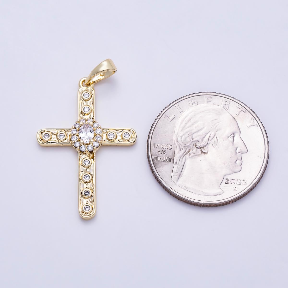 16K Gold Filled 30mm Clear CZ Micro Paved Dotted Hammered Religious Cross Pendant Crucifix Faith DIY Jewelry Making Supply | Charms-01398