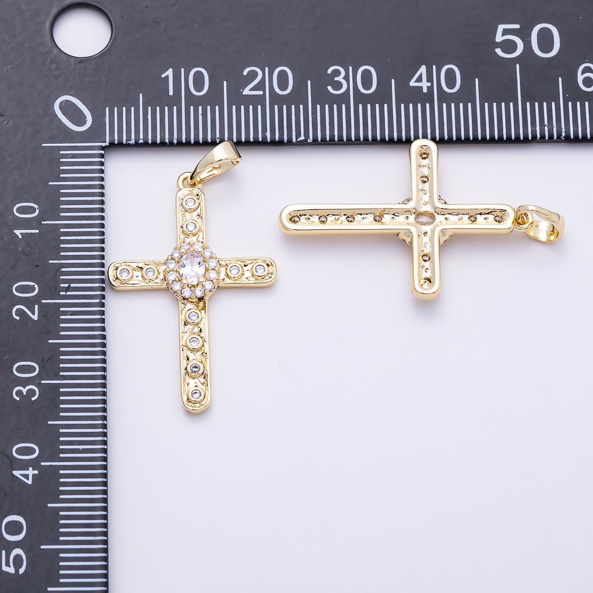16K Gold Filled 30mm Clear CZ Micro Paved Dotted Hammered Religious Cross Pendant Crucifix Faith DIY Jewelry Making Supply | Charms-01398