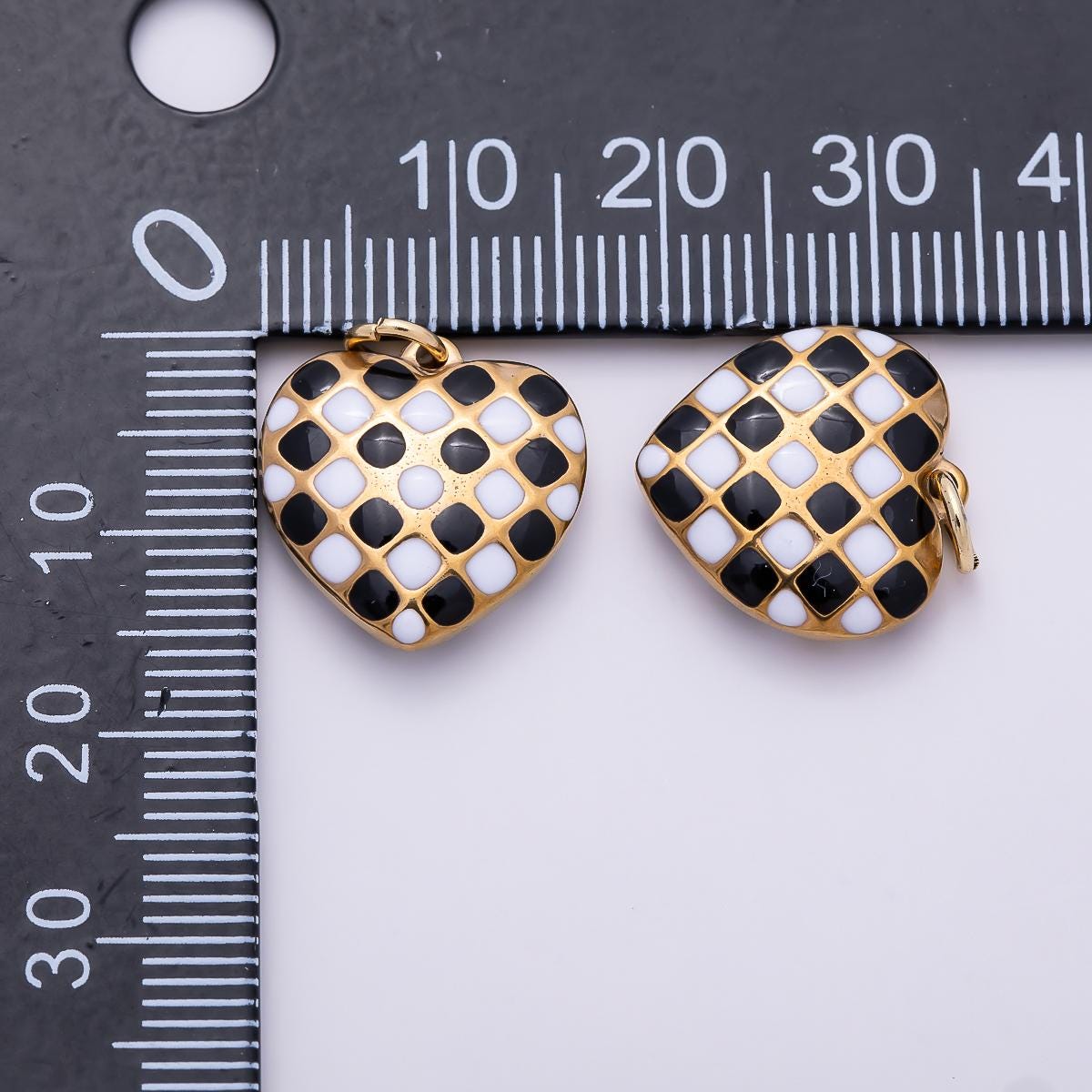 PVD Gold Stainless Steel 16mm Black & White Checkered Enamel Heart Charm Jewelry Making Supplies DIY Statement Necklace Craft | Charms-01428