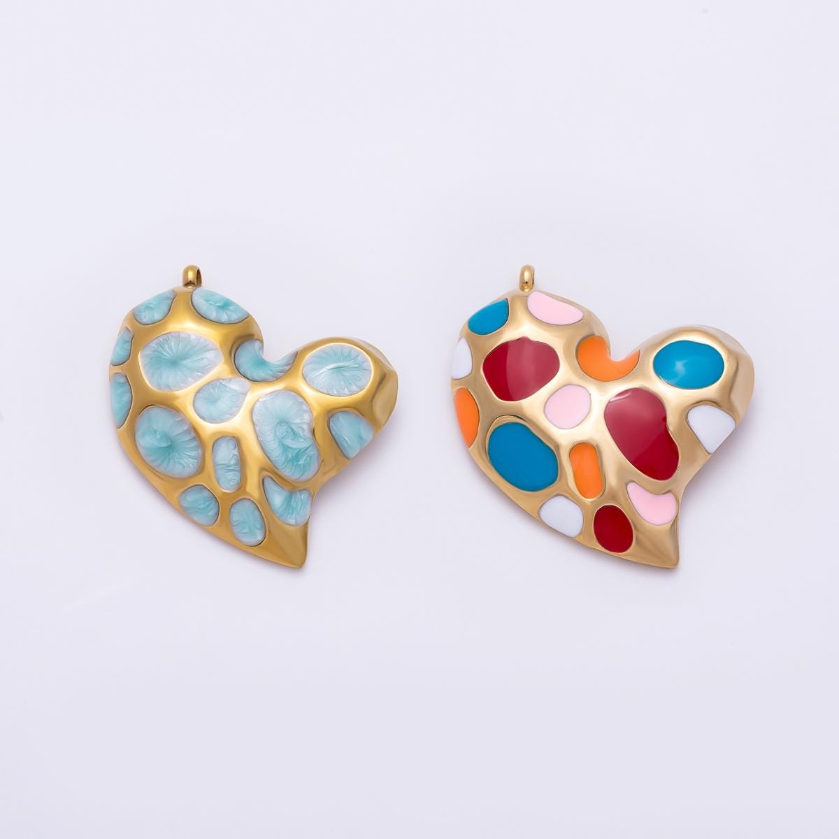 PVD Gold Stainless Steel 30mm Multicolor, Green Enamel Abstract Dotted Heart Charm Mosaic Textured Jewelry Necklace Supply | Charms-01429