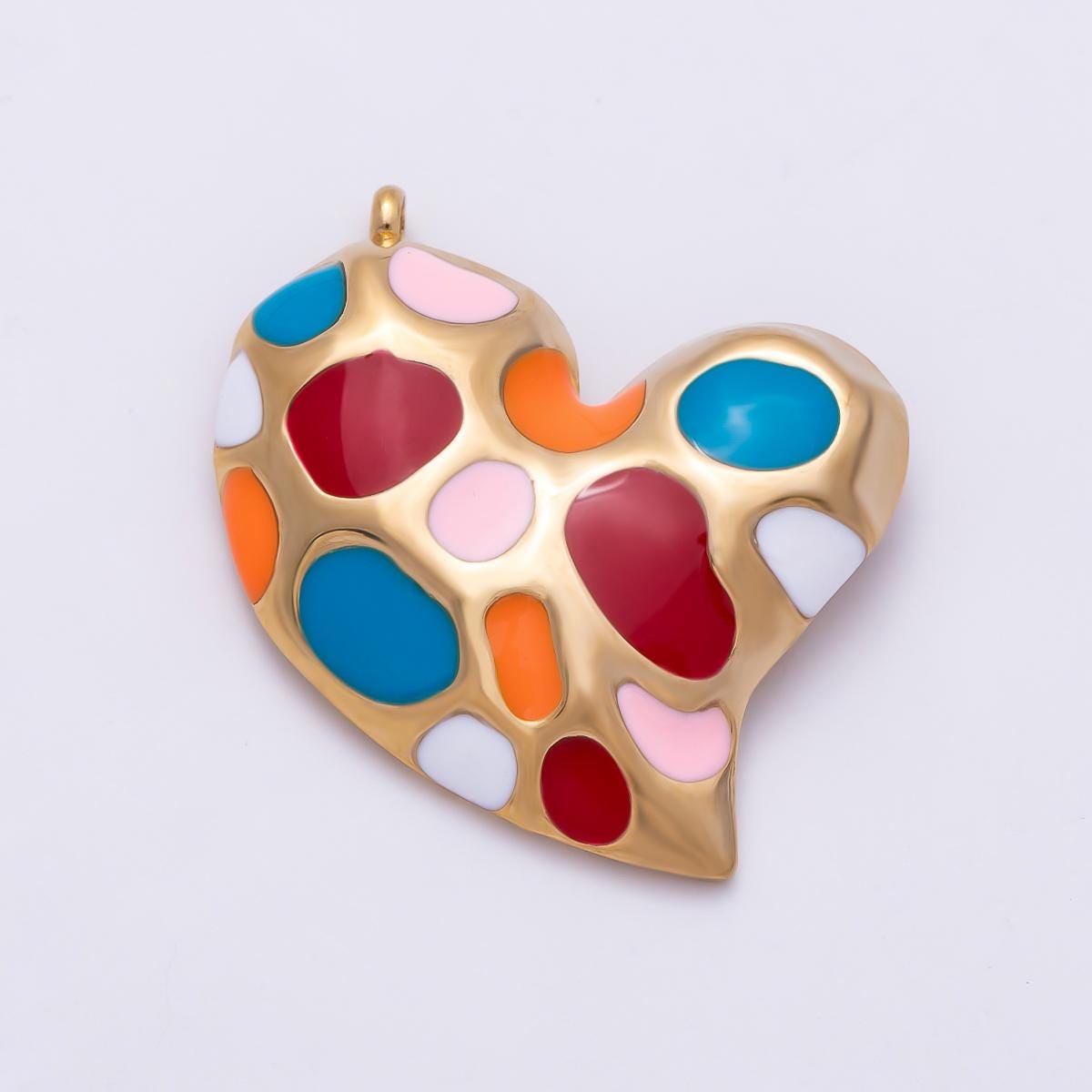 PVD Gold Stainless Steel 30mm Multicolor, Green Enamel Abstract Dotted Heart Charm Mosaic Textured Jewelry Necklace Supply | Charms-01429