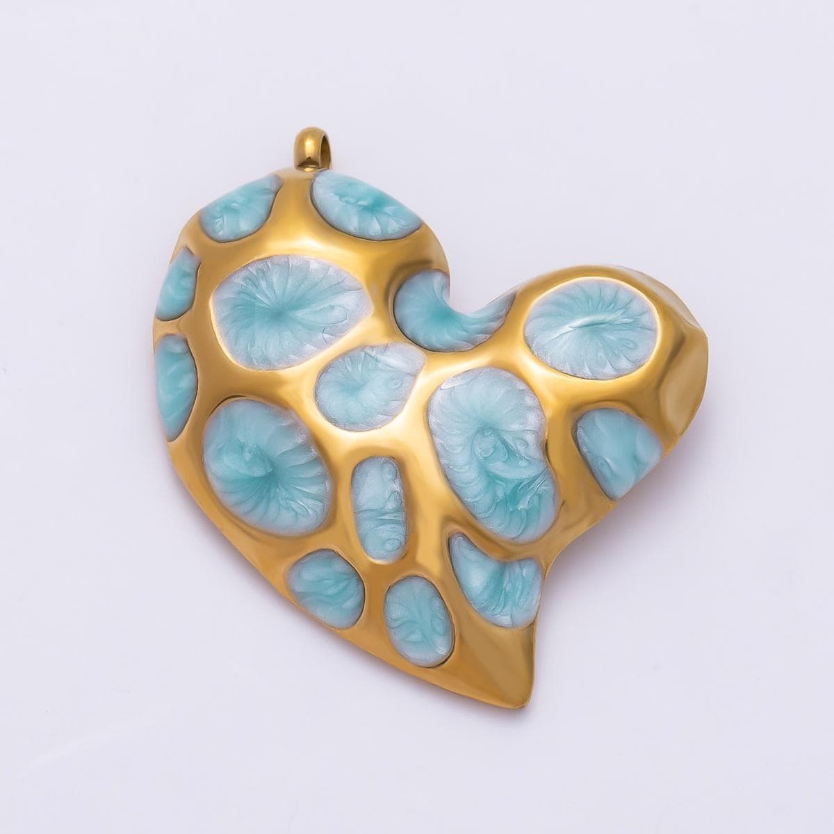 PVD Gold Stainless Steel 30mm Multicolor, Green Enamel Abstract Dotted Heart Charm Mosaic Textured Jewelry Necklace Supply | Charms-01429