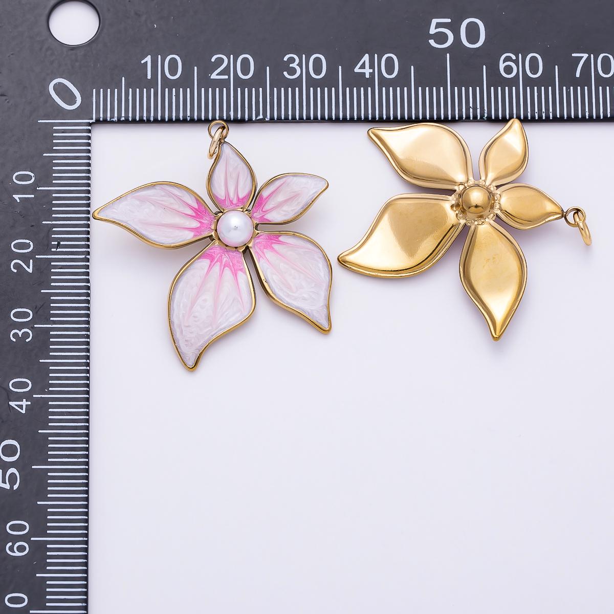 18K Gold Filled 32mm Shell Pearl Pink Enamel Flower Charm Floral Lily Jewelry Making Supplies DIY Statement Spring Necklace | Charms-01432
