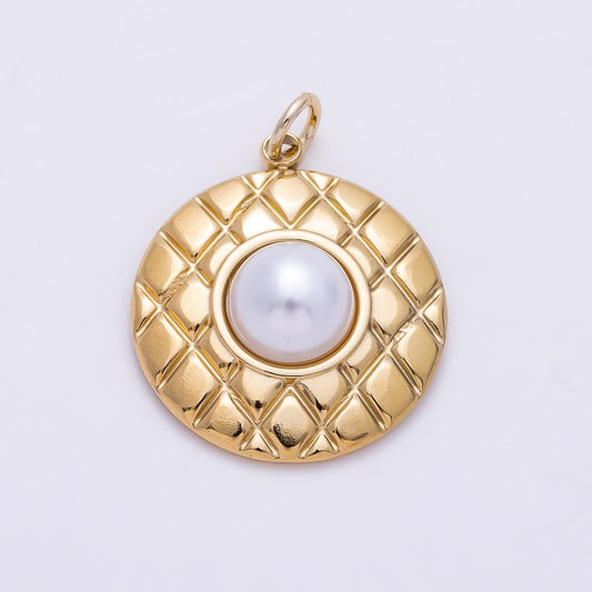 PVD Gold Stainless Steel 23mm Shell Pearl Quilted Bezel Round Charm Lattice Statement Coin Pendant for Jewelry Making Necklace| Charms-01441