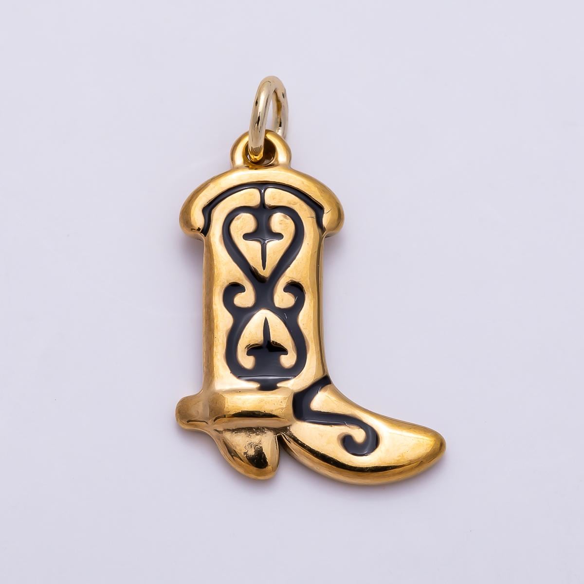 PVD Gold Stainless Steel 20mm Black Enamel Artisan Cowboy Boot Charm Western Country Music Pendant for Jewelry Making | Charms-01443