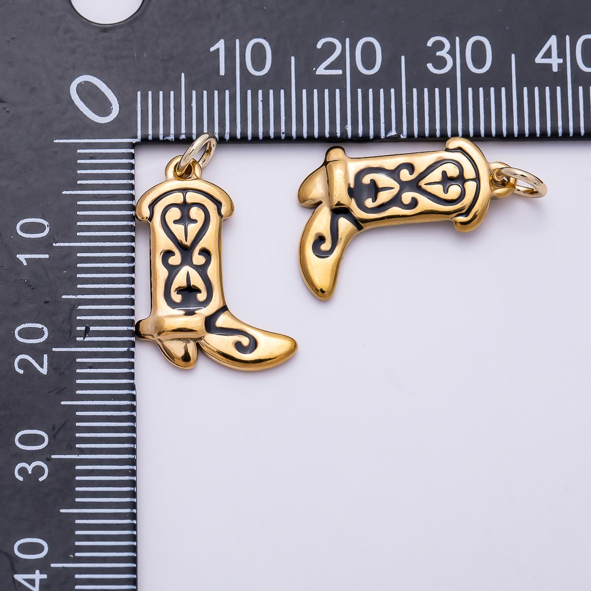 PVD Gold Stainless Steel 20mm Black Enamel Artisan Cowboy Boot Charm Western Country Music Pendant for Jewelry Making | Charms-01443