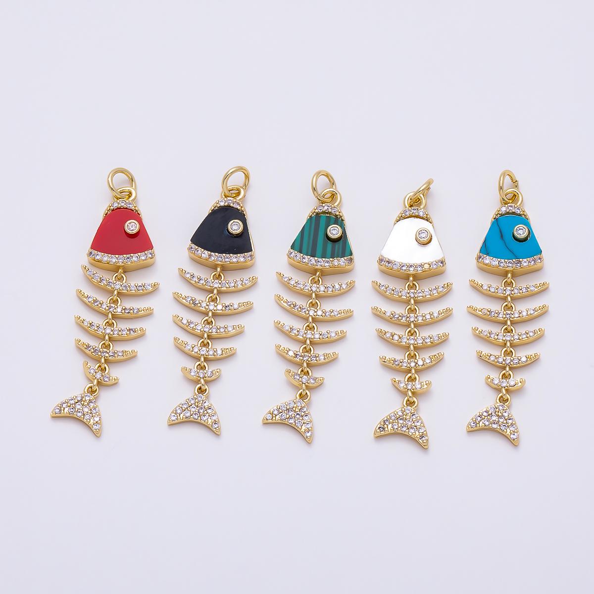 16K Gold Filled 38mm Turquoise, Shell Pearl, Malachite, Onyx, Carnelian Micro Paved CZ Fish Skeleton Charm for Necklace | Charms-01447