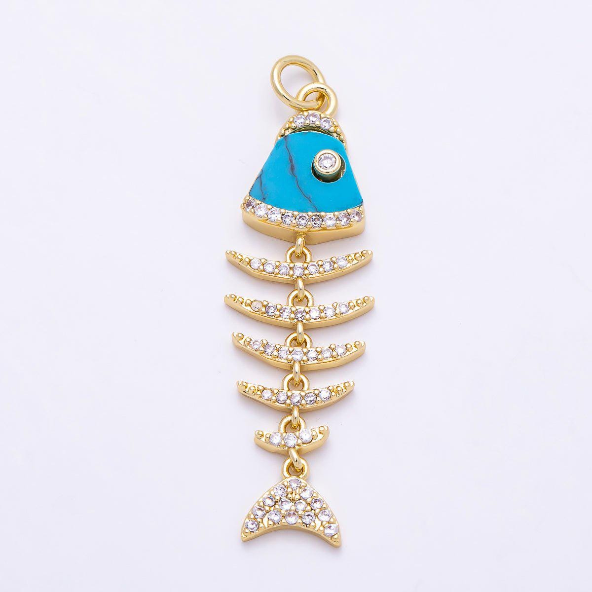 16K Gold Filled 38mm Turquoise, Shell Pearl, Malachite, Onyx, Carnelian Micro Paved CZ Fish Skeleton Charm for Necklace | Charms-01447