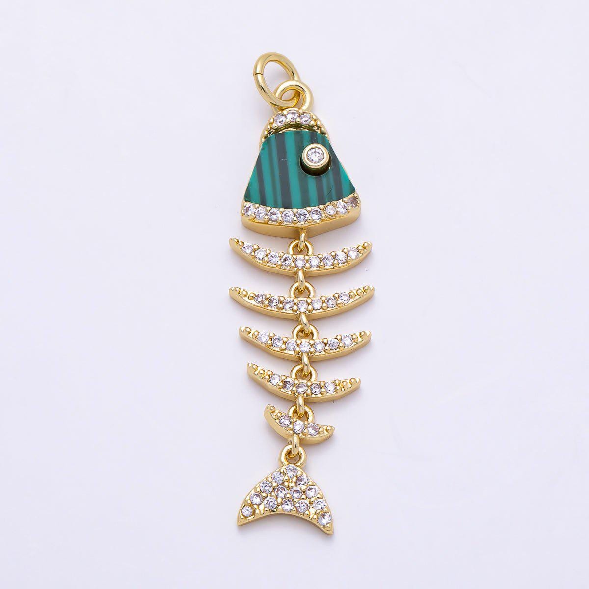 16K Gold Filled 38mm Turquoise, Shell Pearl, Malachite, Onyx, Carnelian Micro Paved CZ Fish Skeleton Charm for Necklace | Charms-01447
