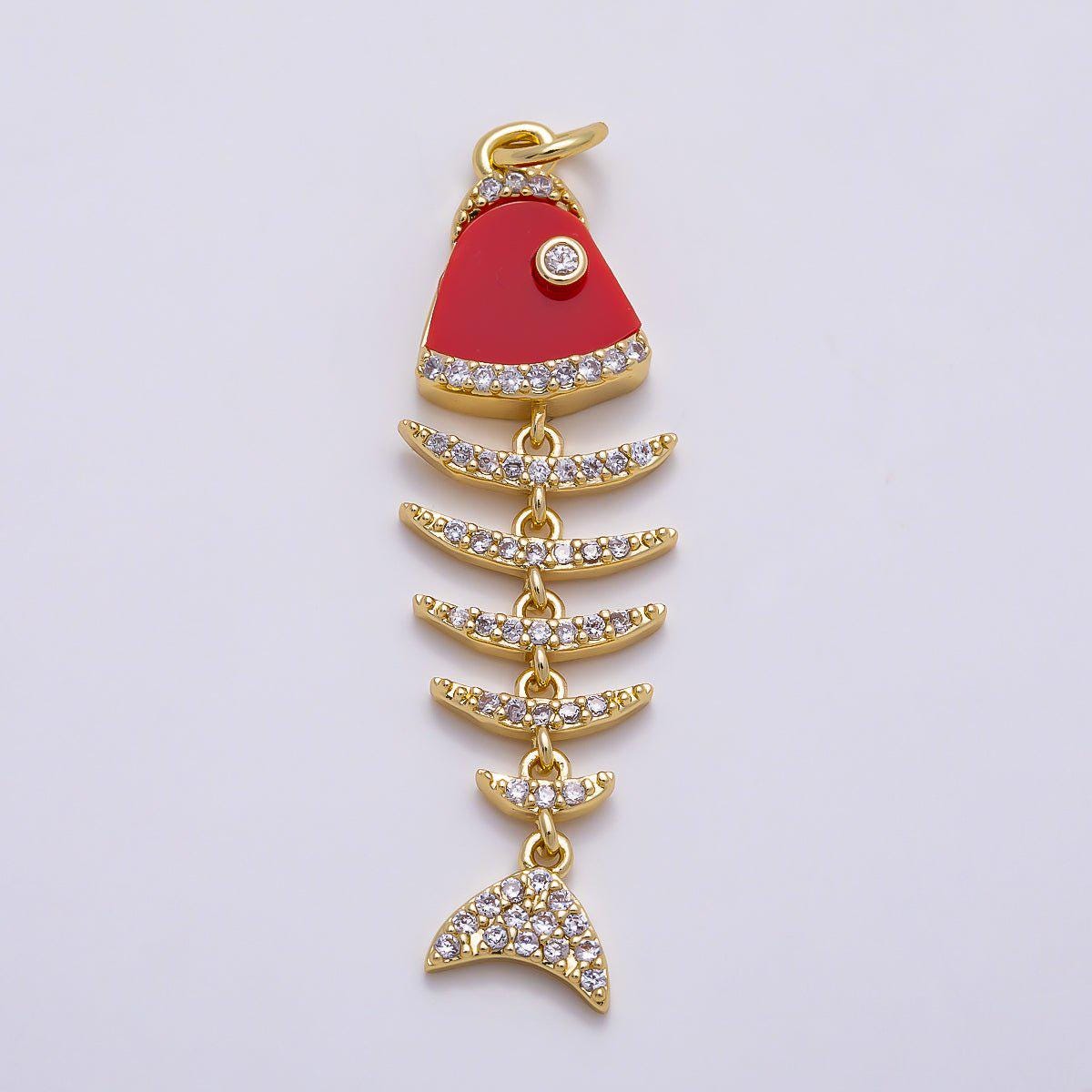 16K Gold Filled 38mm Turquoise, Shell Pearl, Malachite, Onyx, Carnelian Micro Paved CZ Fish Skeleton Charm for Necklace | Charms-01447