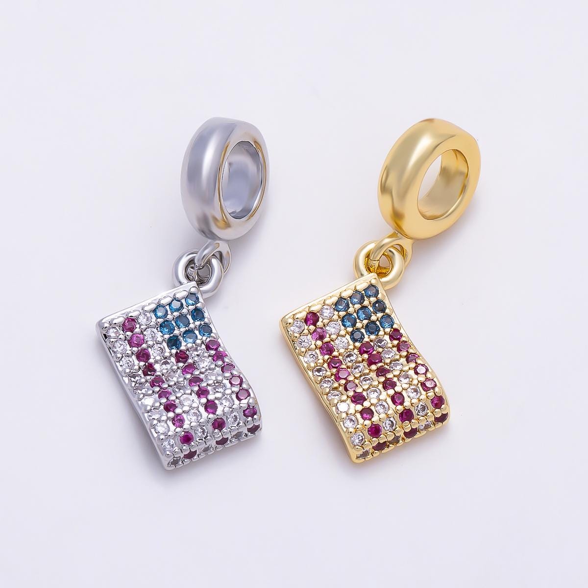 16K Gold Filled 13mm USA America Flag Micro Paved CZ Drop Rondelle Pendant in Gold & Silver Patriotic Jewelry DIY for Bracelet| Charms-01452