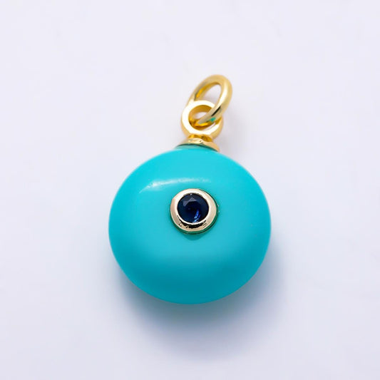 16K Gold Filled 13.5mm CZ Embedded Blue Apatite Gemstone Round Charm Evil Eye Protection Jewelry DIY Supply custom Necklace | Charms-01456