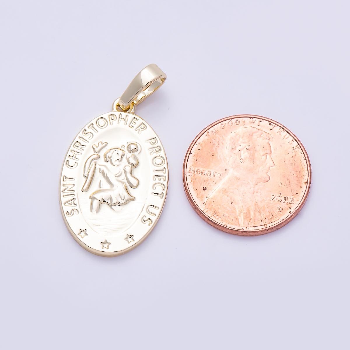 16K Gold Filled 25mm "Saint Christopher Save Us" Religious Prayer Oval Pendant Christian Gift Charm Saint Medal DIY Necklace | Charms-01397