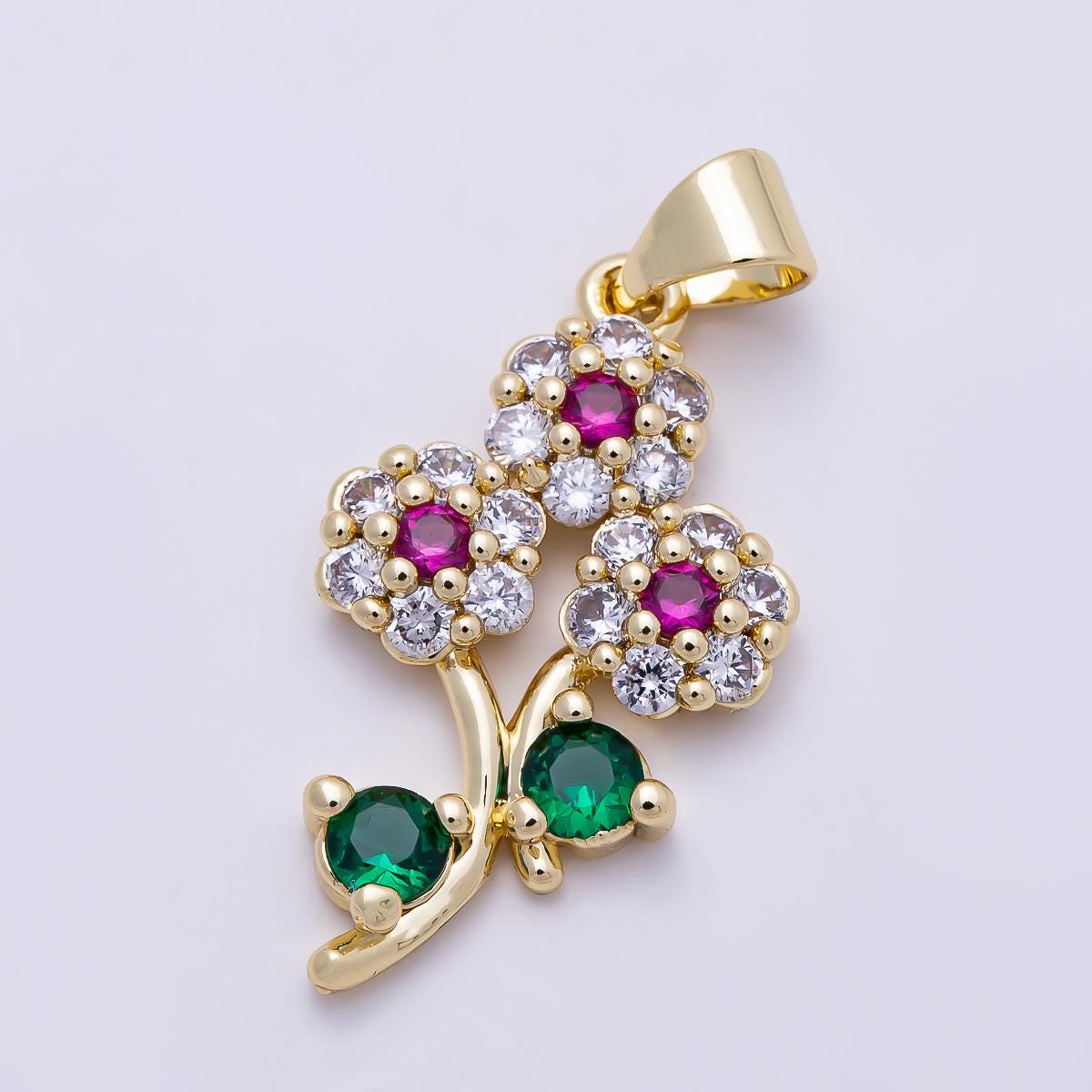 16K Gold Filled 24mm Multicolor Micro Paved CZ Triple Flower Pendant Colorful Botanical Birthstone Charm for Jewelry Making | Charms-01400
