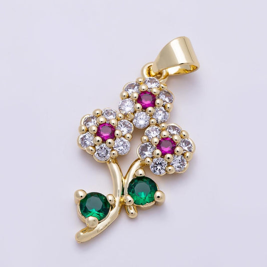 16K Gold Filled 24mm Multicolor Micro Paved CZ Triple Flower Pendant Colorful Botanical Birthstone Charm for Jewelry Making | Charms-01400