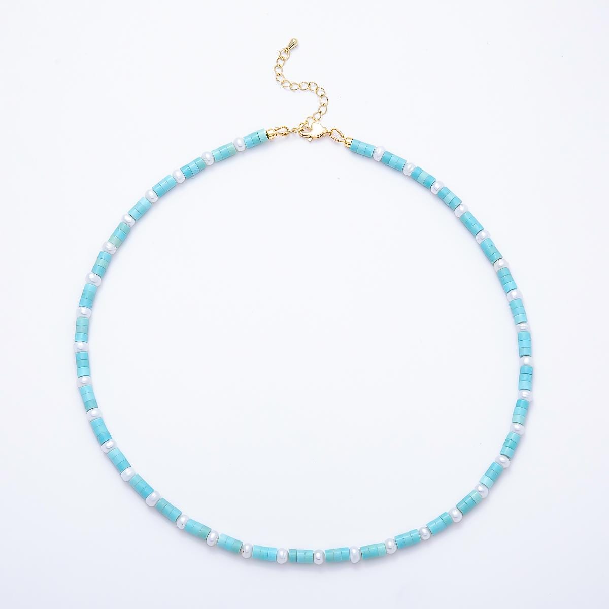 16K Gold Filled 5mm Turquoise Cylinder Beads & White Shell Pearl Choker 18 Inch Necklace Dainty Summer Beach Jewelry Gift for Her | WA-00552