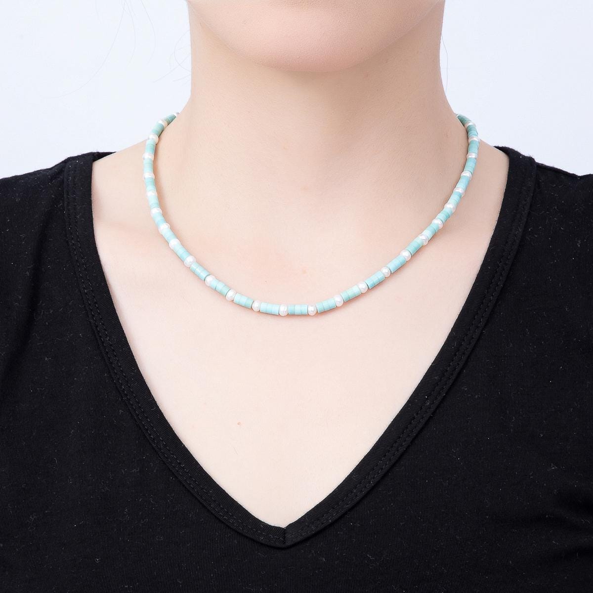 16K Gold Filled 5mm Turquoise Cylinder Beads & White Shell Pearl Choker 18 Inch Necklace Dainty Summer Beach Jewelry Gift for Her | WA-00552