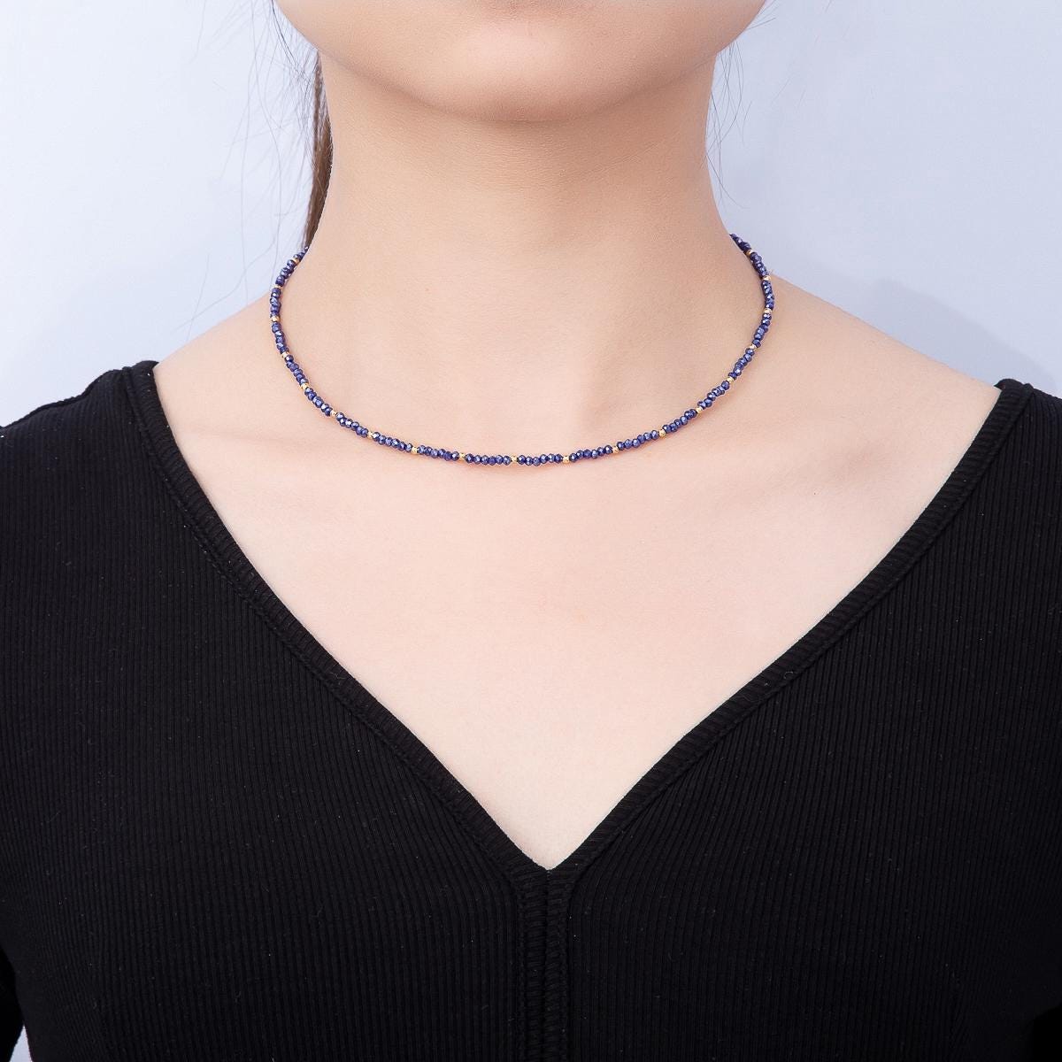 Handmade 2.5mm Sapphire, Clear Quartz, Aquamarine, Peridot Dainty Faceted Crystal Bead Gemstone Chain 16in Necklace w. Extender | WA-00562