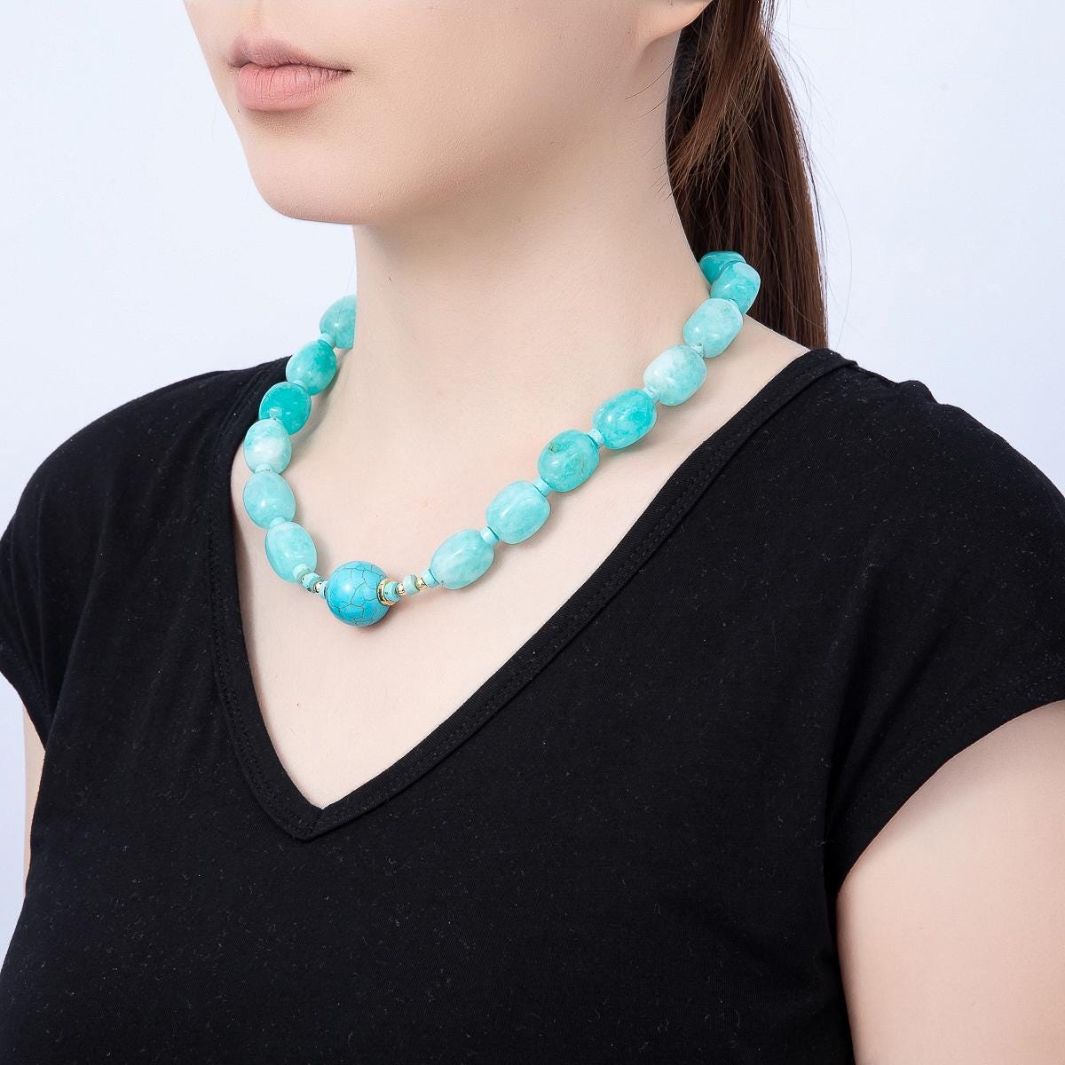 16K Gold Filled 20mm Chunky Turquoise Oval Barrel Beads Statement 19 Inch Boho Necklace Elevated Beach Jewelry Gift for her | WA-01312