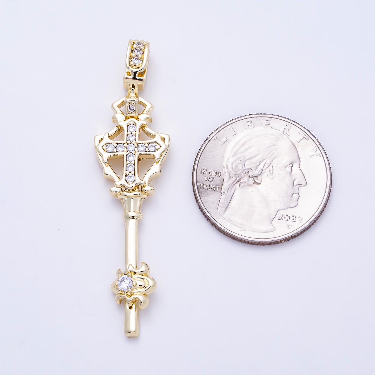 18k Gold Filled Cross Key Pendant, CZ Christian Religious Pendant for Necklace, Gothic Cross Charm, Jewelry Making Supply Charms-1387
