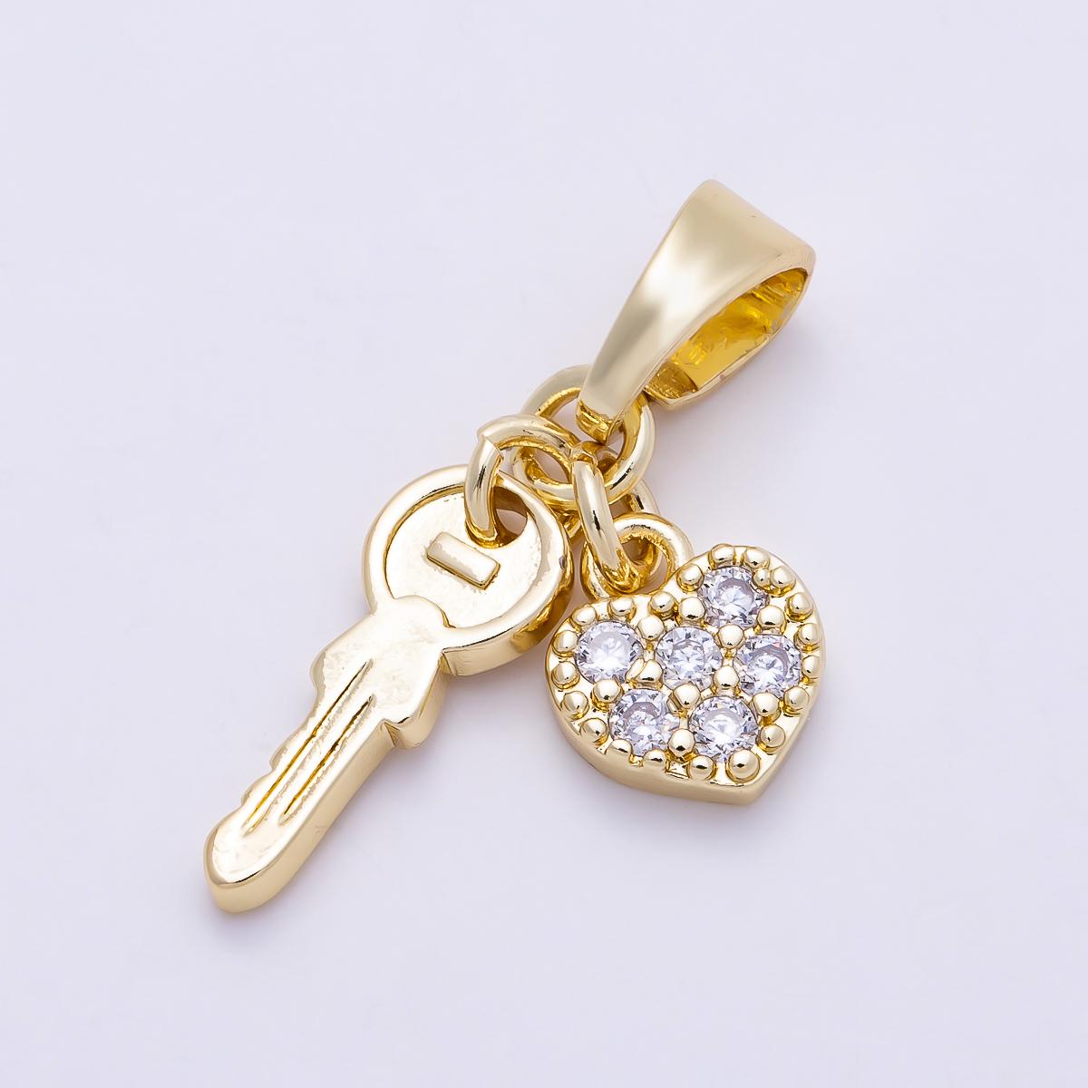 Mini Gold Key Pendant Charm 18k Gold Filled Heart Charm with Clear CZ For DIY Jewelry CHARMS-1386