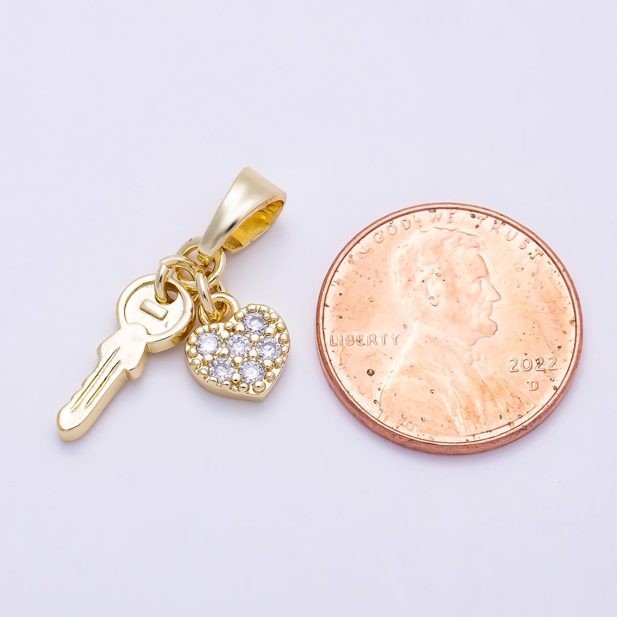 Mini Gold Key Pendant Charm 18k Gold Filled Heart Charm with Clear CZ For DIY Jewelry CHARMS-1386