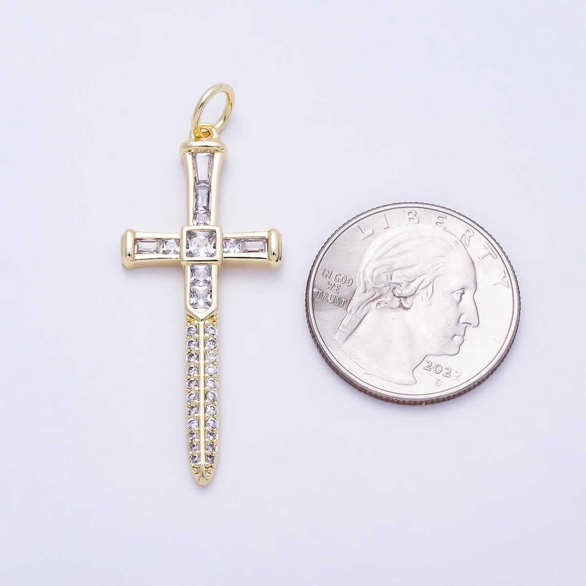 Baguette cubic cross pendant, cz sword pendant, earrings pendant, bracelet charm, Dagger necklace pendant, 18K Gold Filled CHARMS-1385