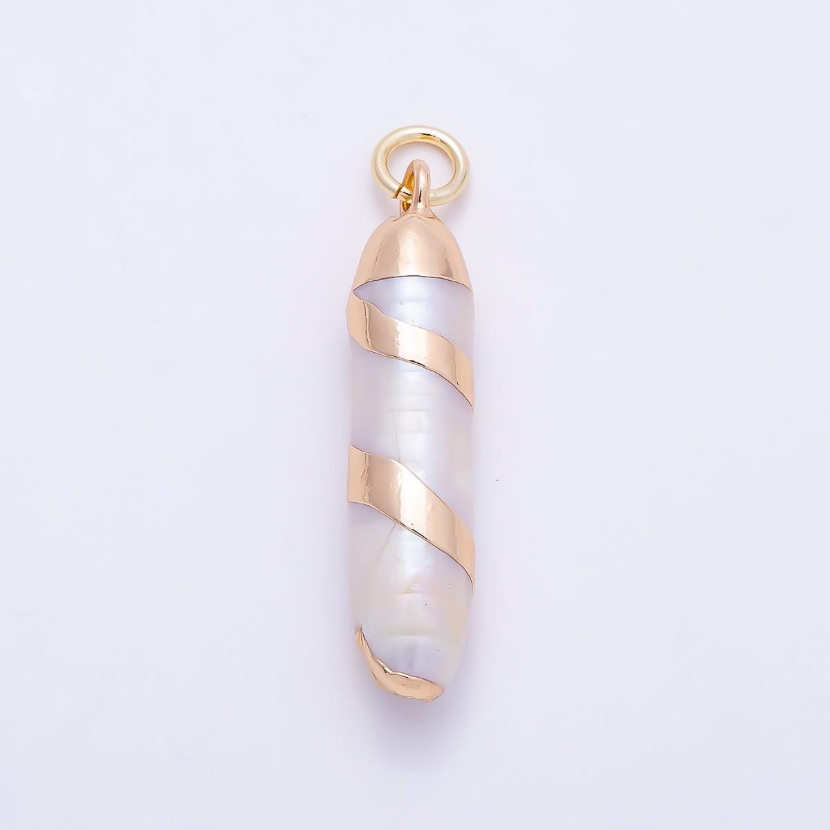 18K Gold Filled 28mm White Cylinder Biwa Freshwater Pearl Spiral Foil Charm Elegant Wedding Pendant Jewelry Making Supply | Charms-01372
