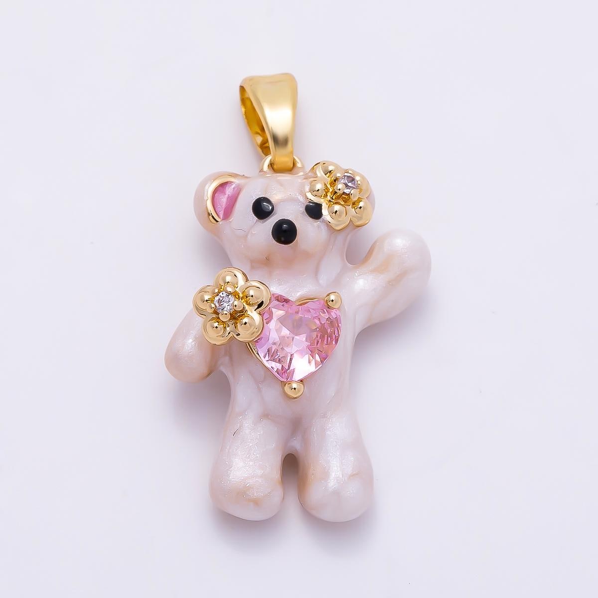 16K Gold Filled 21mm CZ Enamel Pink Heart Flower Teddy Bear Pendant Floral Animal Jewelry Gift for Daughter DIY Jewelry Supply| Charms-01279