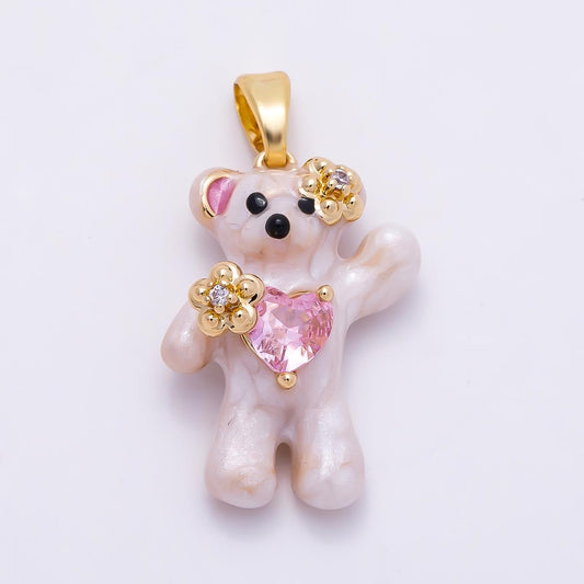 16K Gold Filled 21mm CZ Enamel Pink Heart Flower Teddy Bear Pendant Floral Animal Jewelry Gift for Daughter DIY Jewelry Supply| Charms-01279