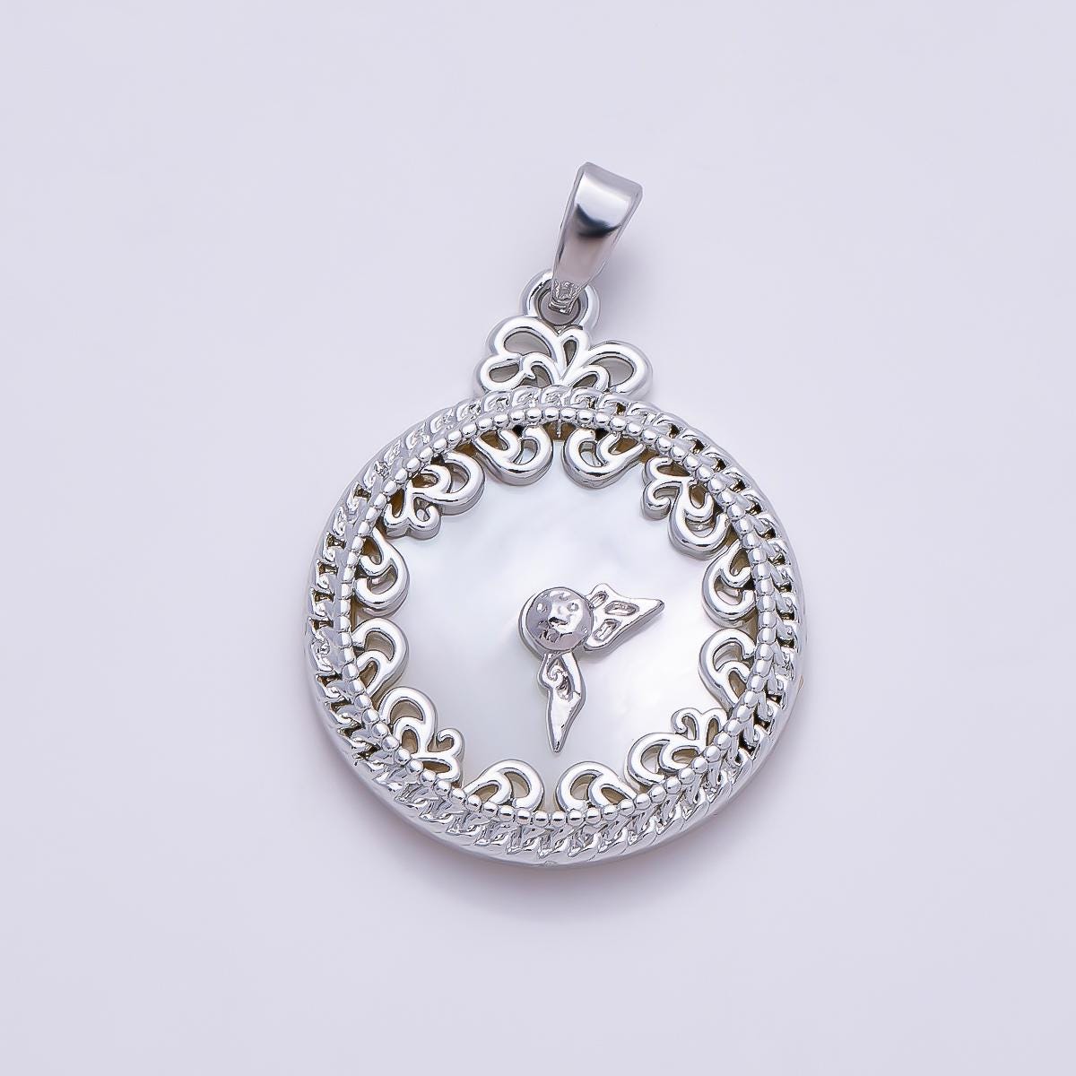 16K Gold Filled 24.5mm Mother of Pearl Clock Artisan Bezel Round Pendant in Gold & Silver Filigree Outline Charm DIY Jewelry | Charms-01362