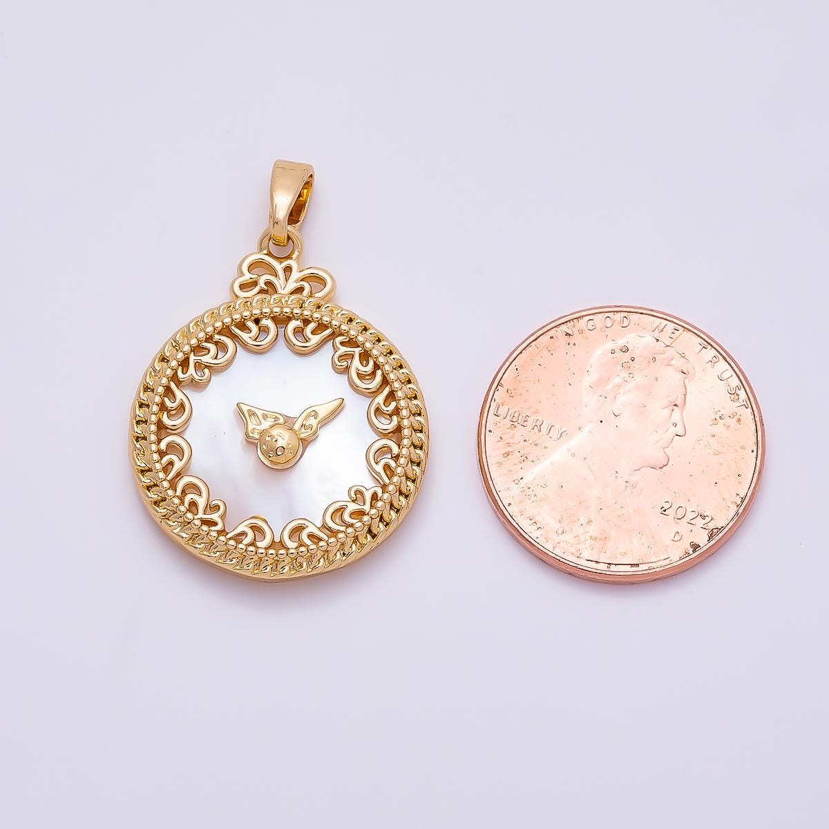 16K Gold Filled 24.5mm Mother of Pearl Clock Artisan Bezel Round Pendant in Gold & Silver Filigree Outline Charm DIY Jewelry | Charms-01362