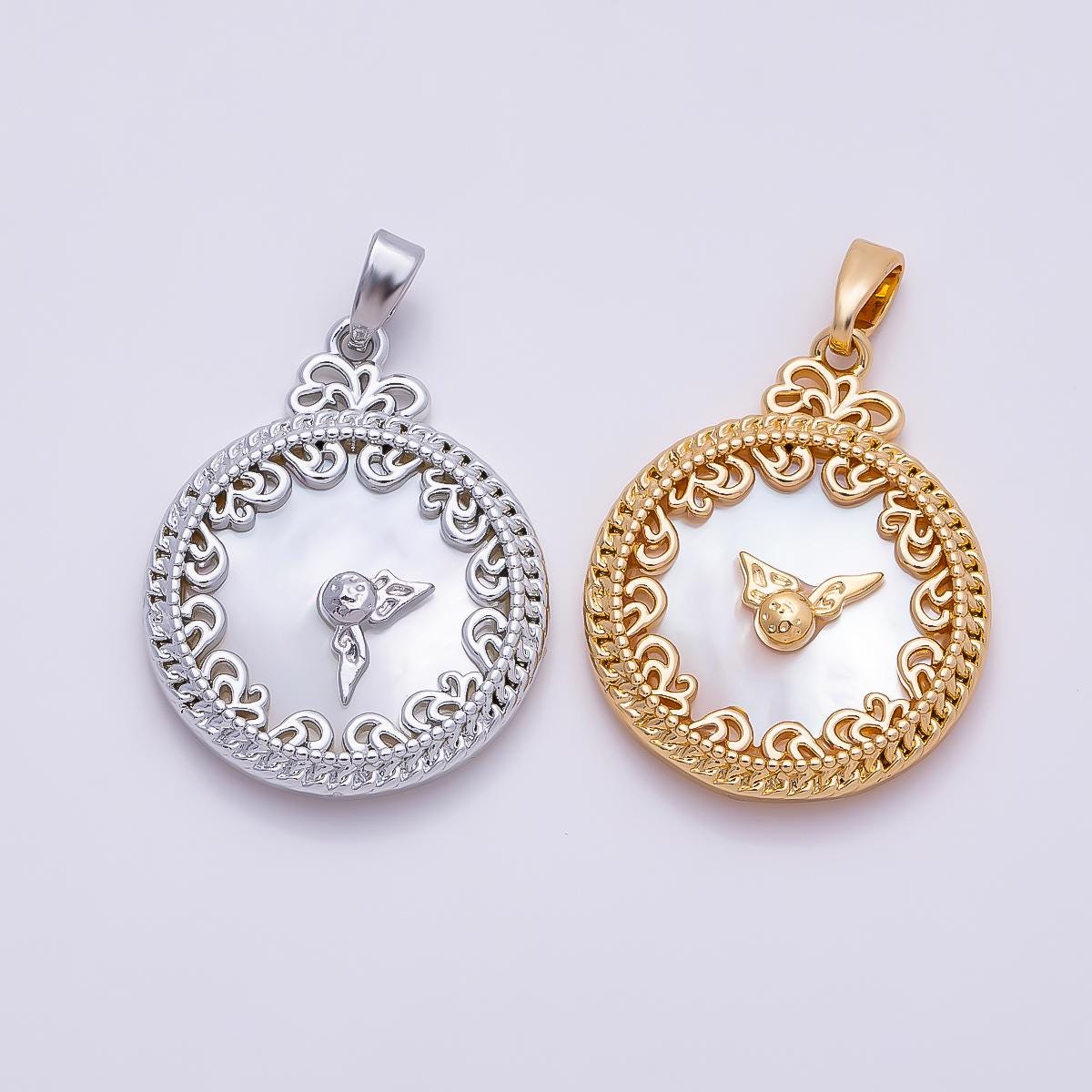 16K Gold Filled 24.5mm Mother of Pearl Clock Artisan Bezel Round Pendant in Gold & Silver Filigree Outline Charm DIY Jewelry | Charms-01362