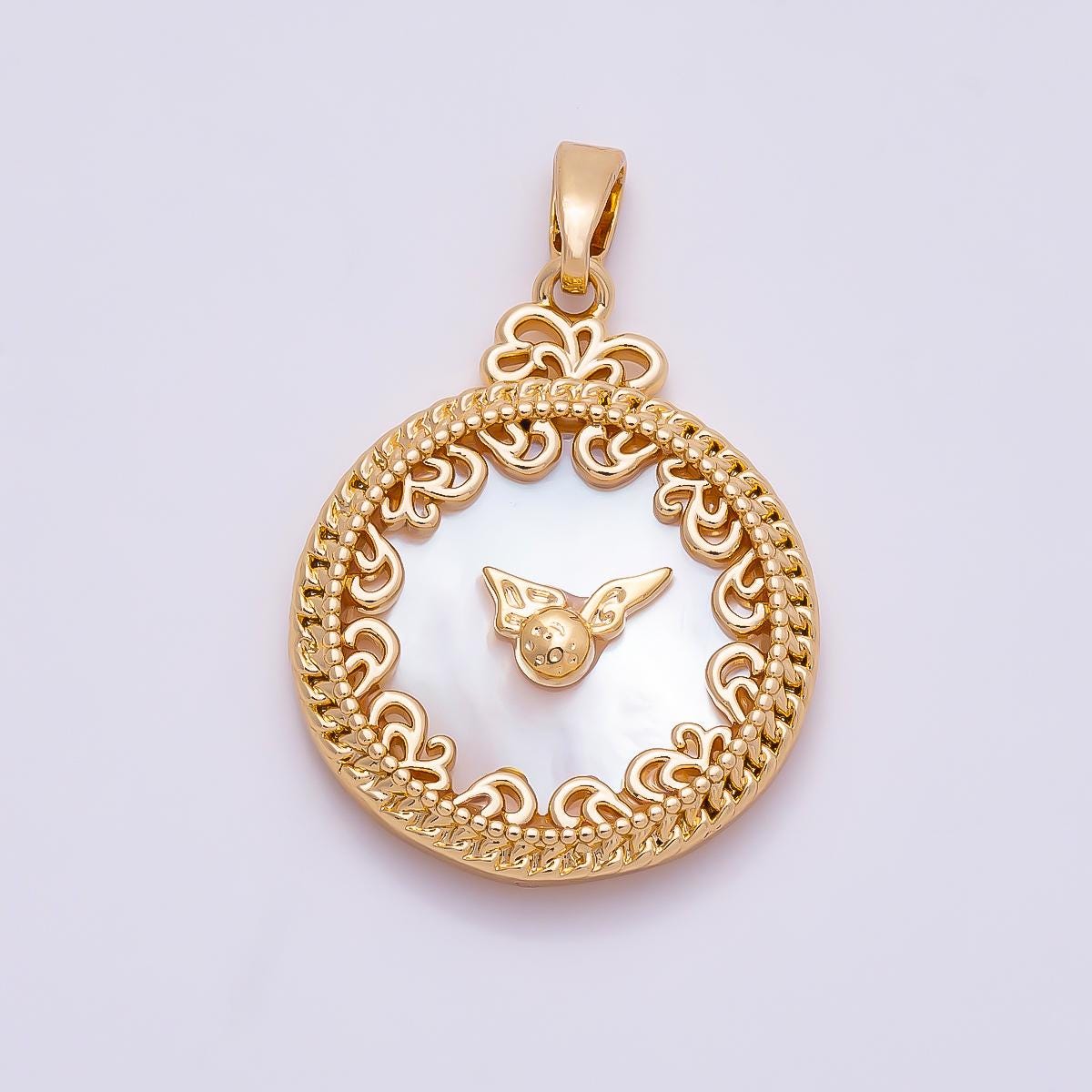 16K Gold Filled 24.5mm Mother of Pearl Clock Artisan Bezel Round Pendant in Gold & Silver Filigree Outline Charm DIY Jewelry | Charms-01362