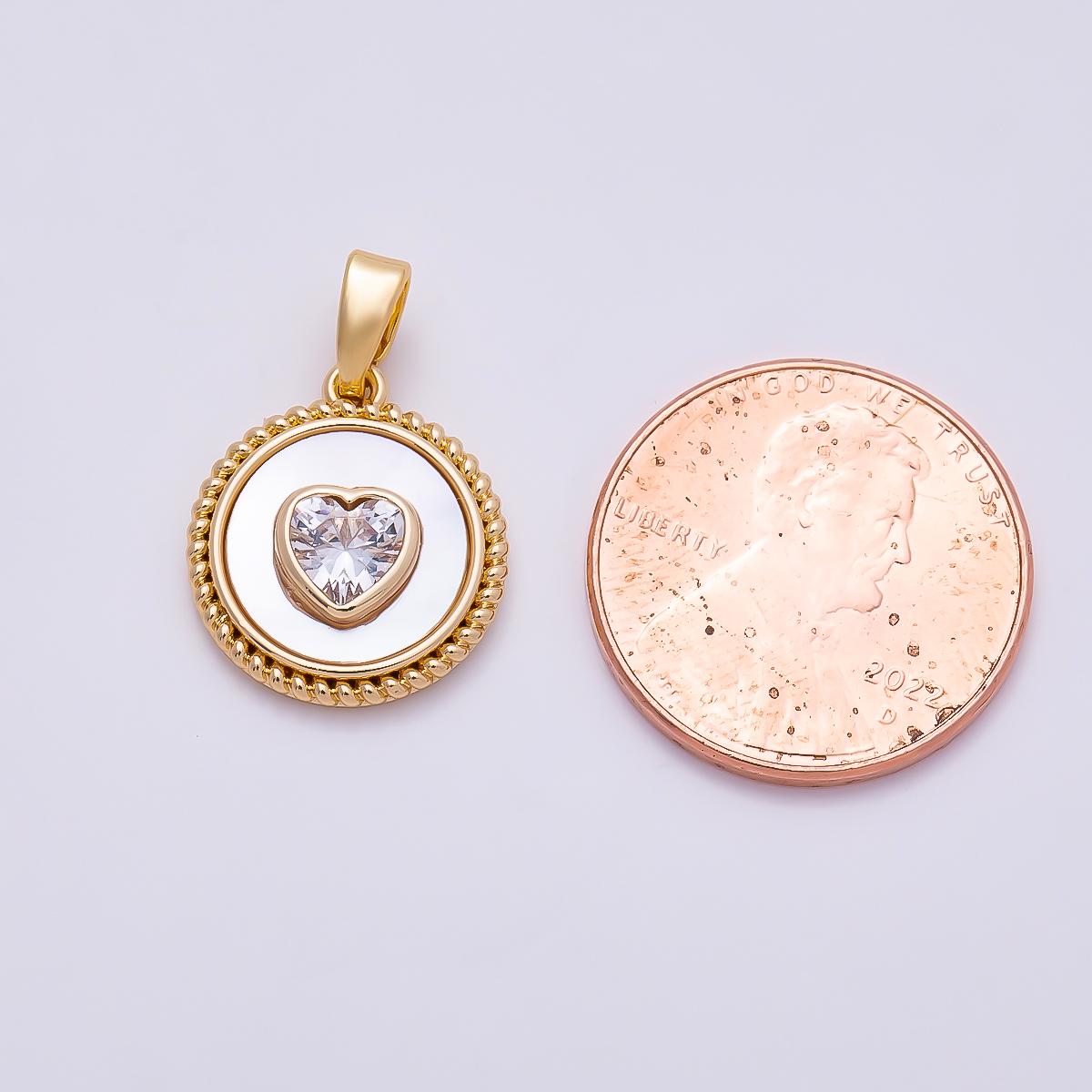 16K Gold Filled 15mm Clear Heart CZ Mother Of Pearl Rope Edge Coin Pendant Medallion Charm DIY Jewelry Making Supply Necklace | Charms-01367