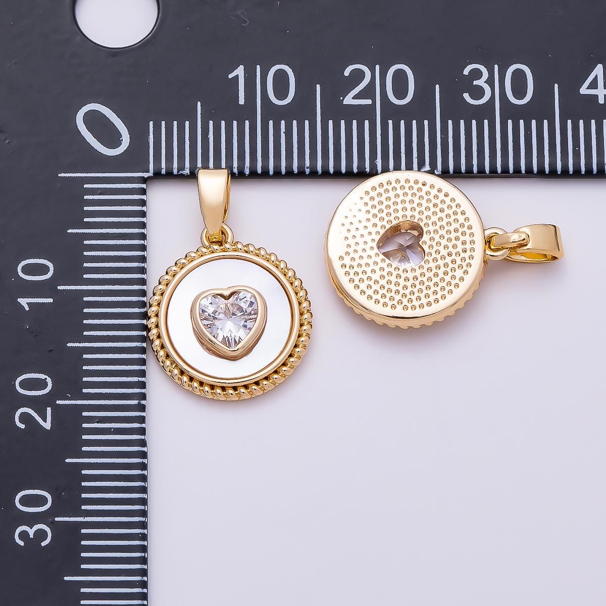 16K Gold Filled 15mm Clear Heart CZ Mother Of Pearl Rope Edge Coin Pendant Medallion Charm DIY Jewelry Making Supply Necklace | Charms-01367