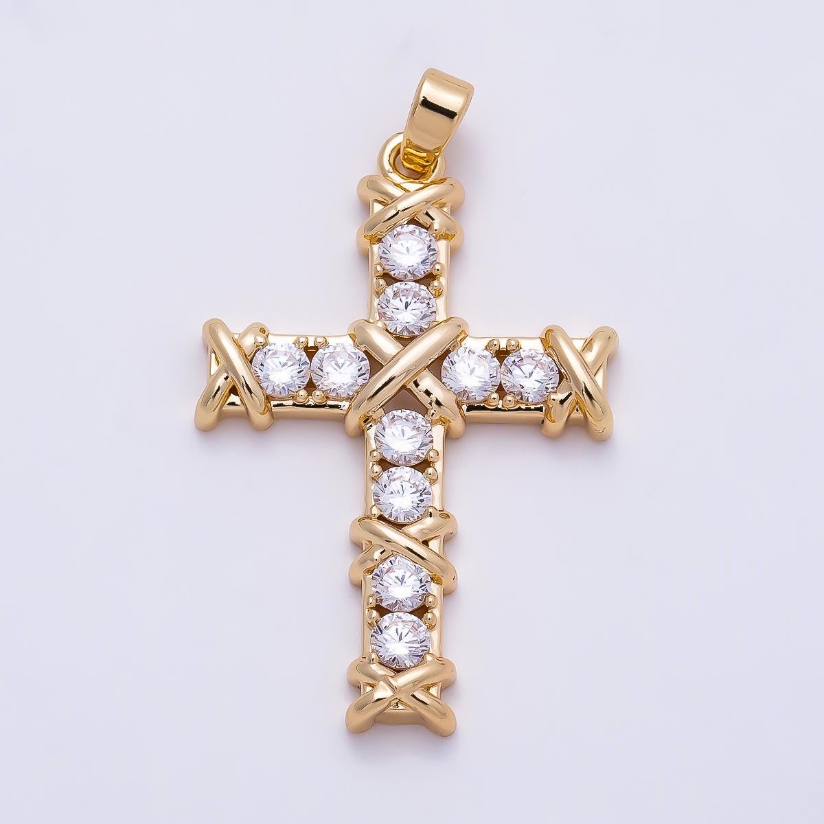 16K Gold Filled 32mm Clear CZ X Crisscross Accents Religious Pendant in Gold & Silver Sparkling Holy Faith Jewelry Supply | Charms-01368