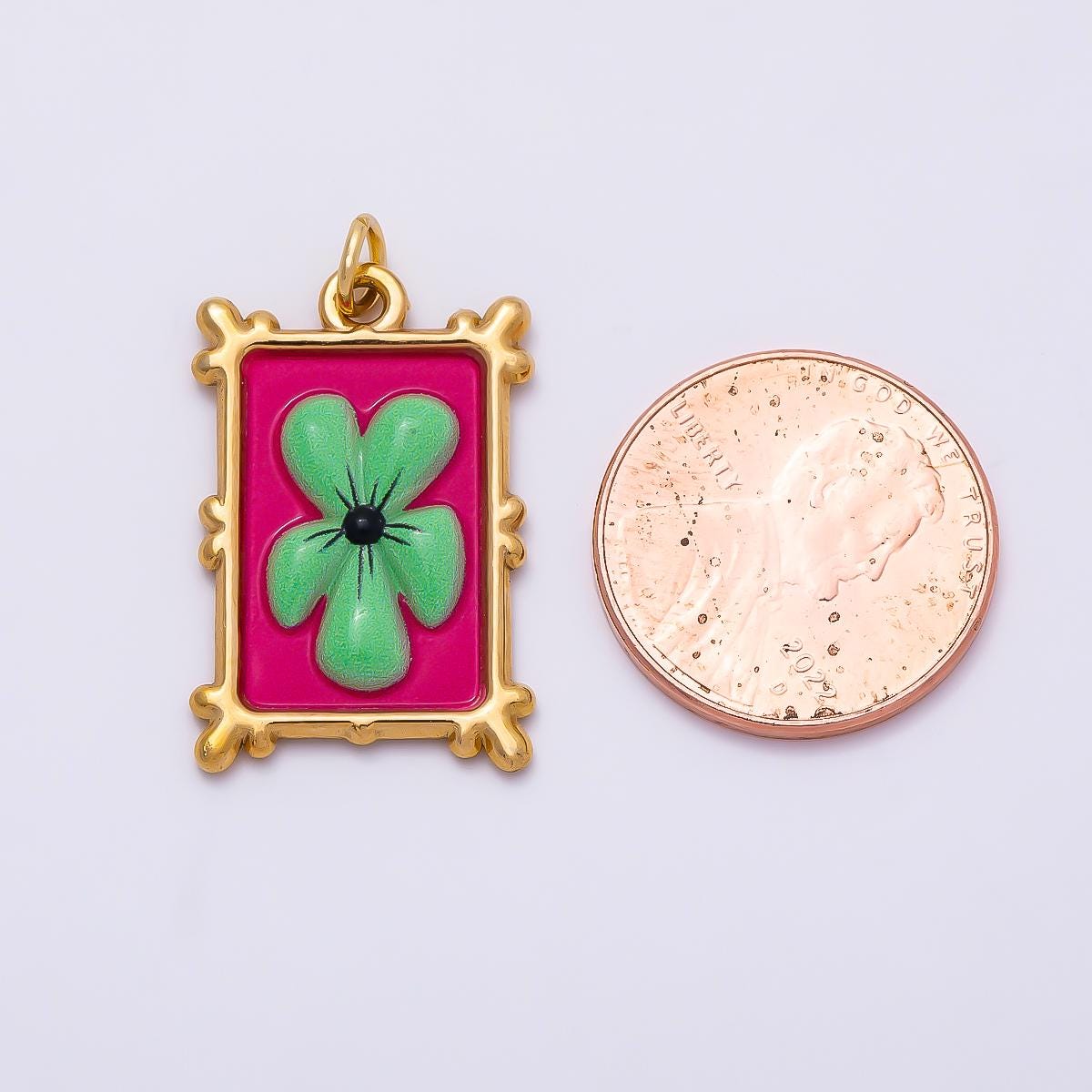 PVD Gold Stainless Steel 25mm Enamel Clover Flower Bezel Rectangle Charm Pink & Green Frame Medallion DIY Funky Jewelry Supply| Charms-01325