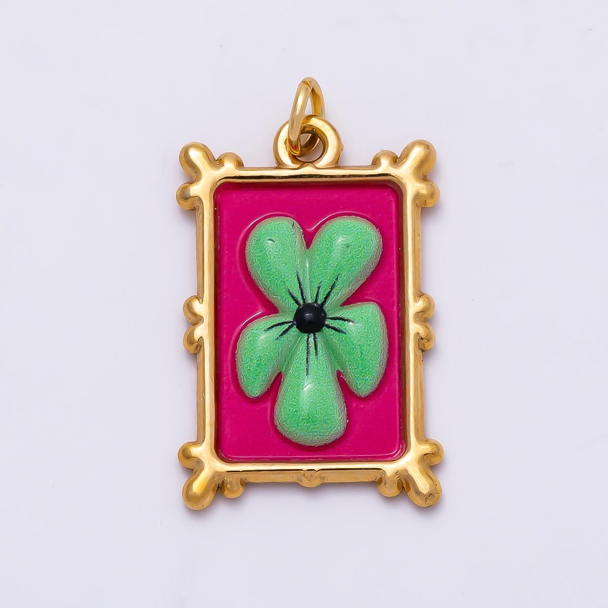 PVD Gold Stainless Steel 25mm Enamel Clover Flower Bezel Rectangle Charm Pink & Green Frame Medallion DIY Funky Jewelry Supply| Charms-01325