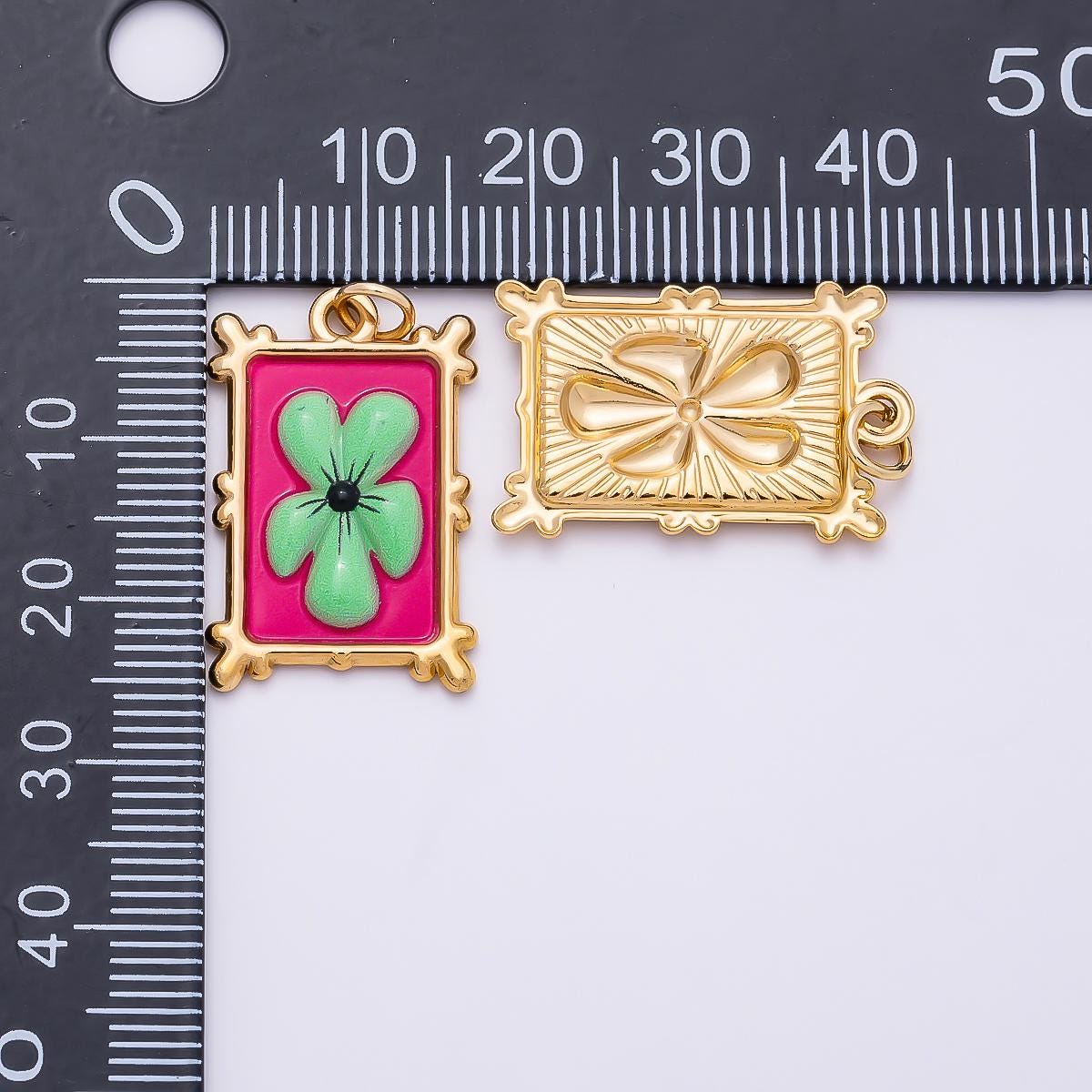 PVD Gold Stainless Steel 25mm Enamel Clover Flower Bezel Rectangle Charm Pink & Green Frame Medallion DIY Funky Jewelry Supply| Charms-01325
