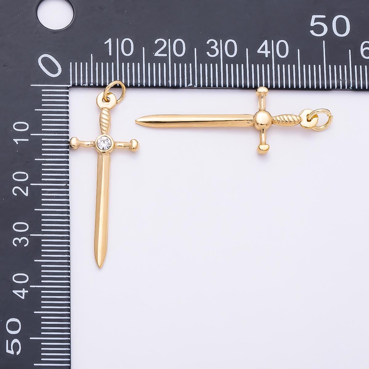 PVD Gold Stainless Steel 35mm Clear CZ Knife Sword Charm Sparkling Dagger Medieval Jewelry DIY Punk Necklace Making Supply | Charms-01328