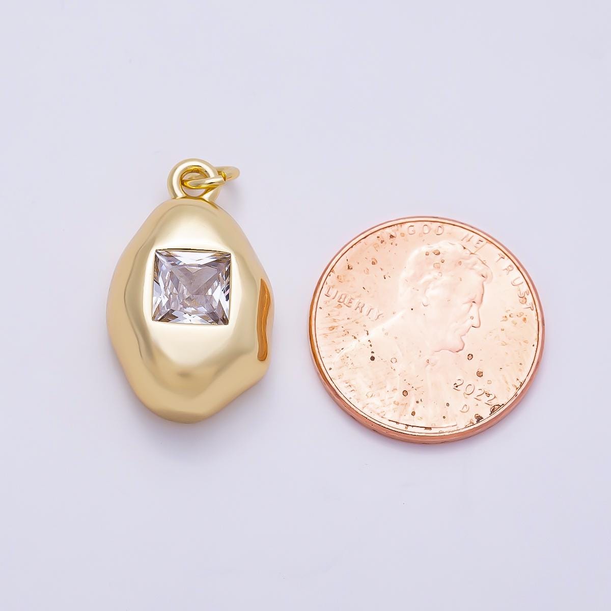 16K Gold Filled 21mm Clear Square CZ Molten Pebble Charm Chunky Nugget Pendant DIY Modern Minimalist Jewelry Making Supply | Charms-01356