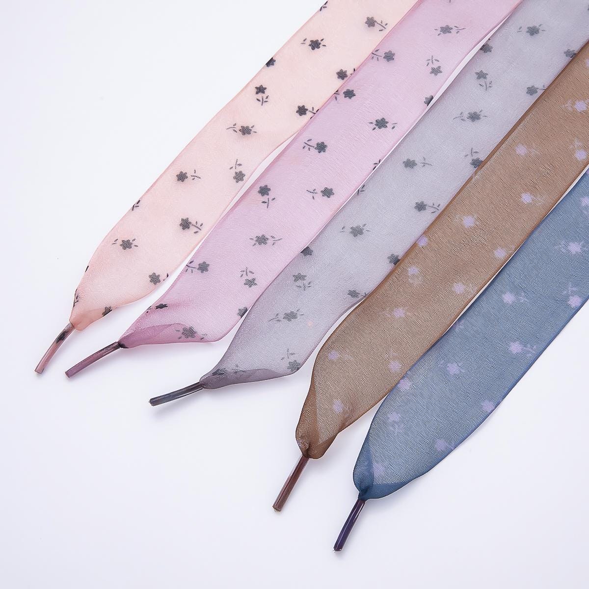 Pink, Blue, Brown, Black Floral ribbon shoelaces romantic wide sheer sneaker laces for Fashion shoe game everyday chic accessory | WB-00309