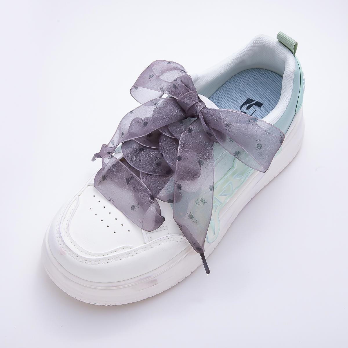 Pink, Blue, Brown, Black Floral ribbon shoelaces romantic wide sheer sneaker laces for Fashion shoe game everyday chic accessory | WB-00309