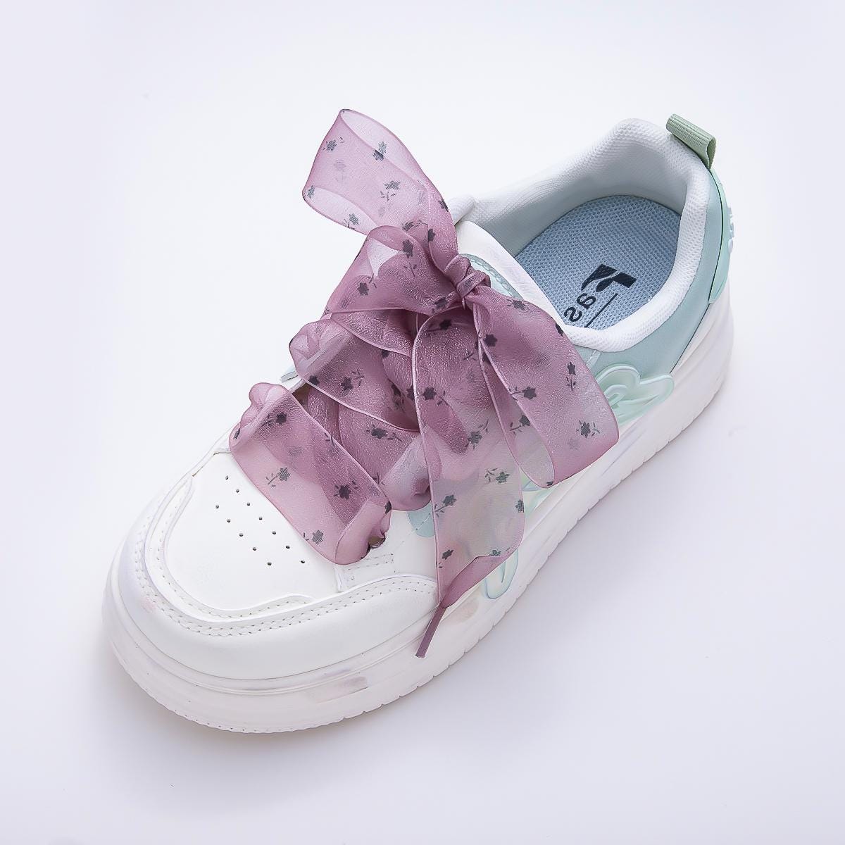 Pink, Blue, Brown, Black Floral ribbon shoelaces romantic wide sheer sneaker laces for Fashion shoe game everyday chic accessory | WB-00309