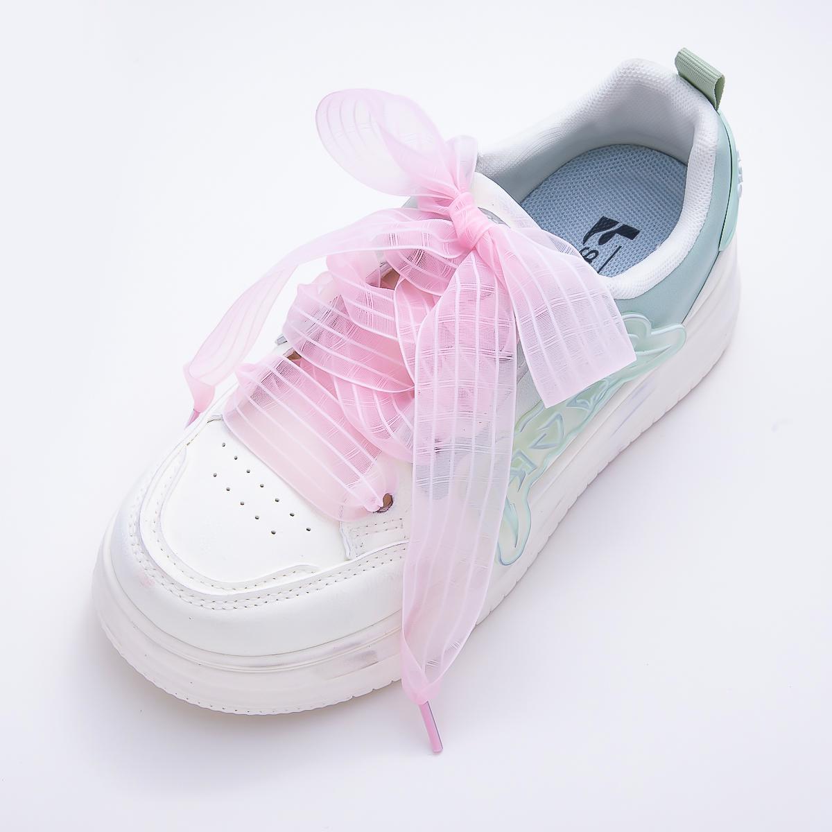 Pink , Blue, Purple, Green, White, Yellow Stripes Organza Ribbon Shoelaces | Sheer Sneaker Shoe Laces Back to School Trend WB-364