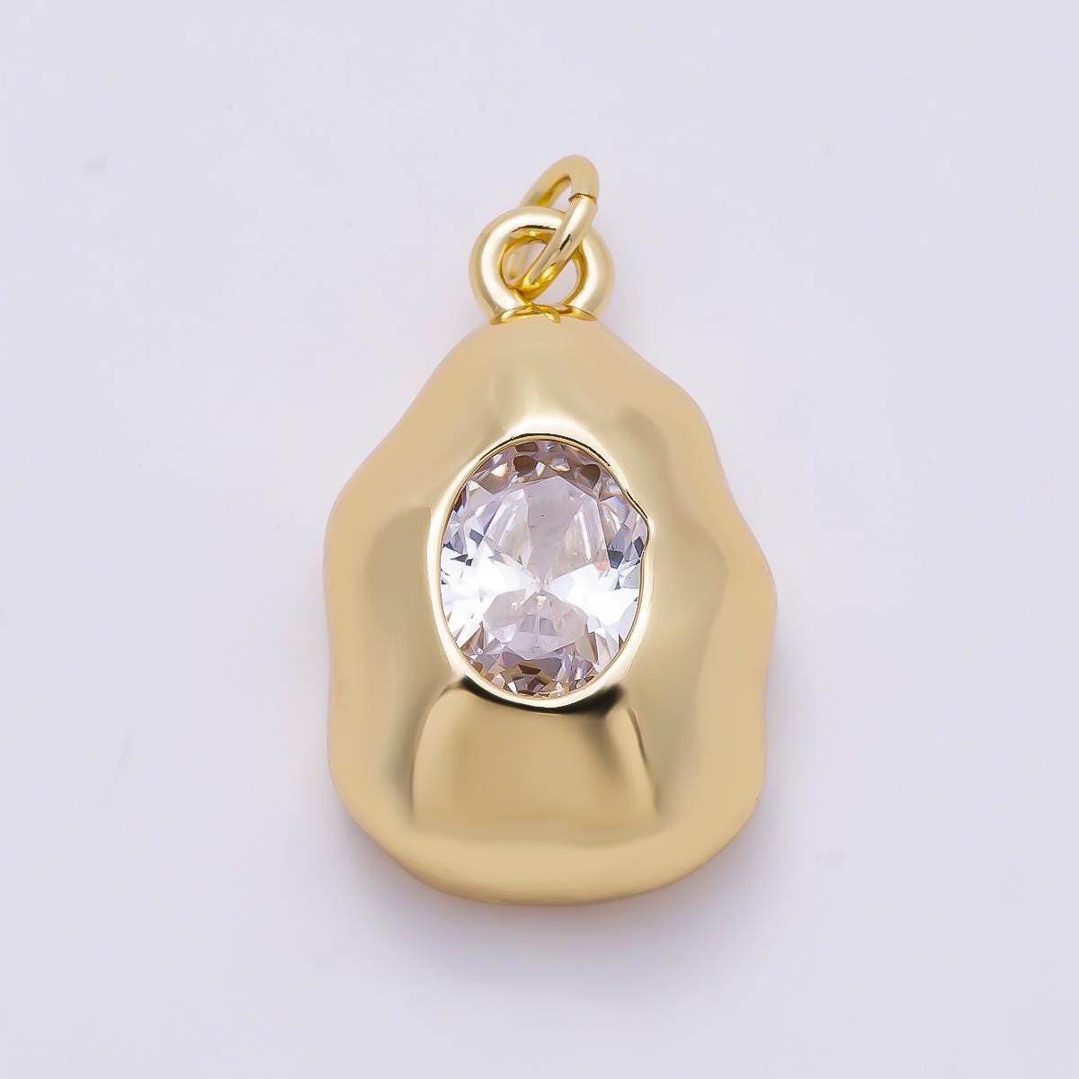 16K Gold Filled 21mm Clear Oval CZ Molten Pebble Cham DIY Jewelry Making Supply for Custom Necklace Wedding Bridal Accessory | Charms-01359