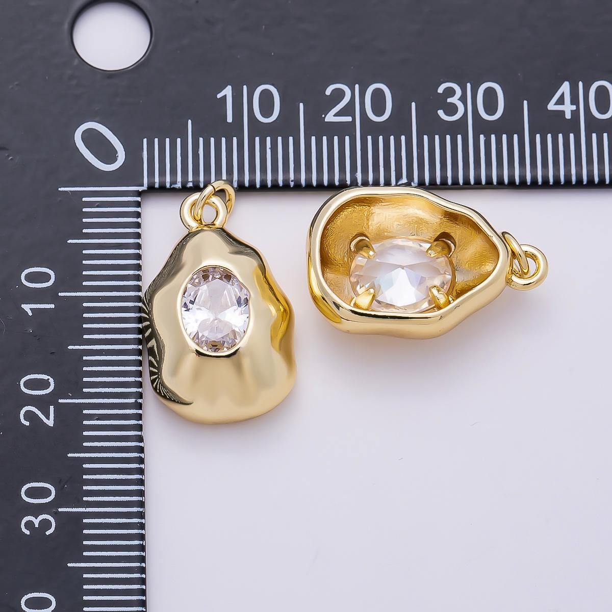 16K Gold Filled 21mm Clear Oval CZ Molten Pebble Cham DIY Jewelry Making Supply for Custom Necklace Wedding Bridal Accessory | Charms-01359