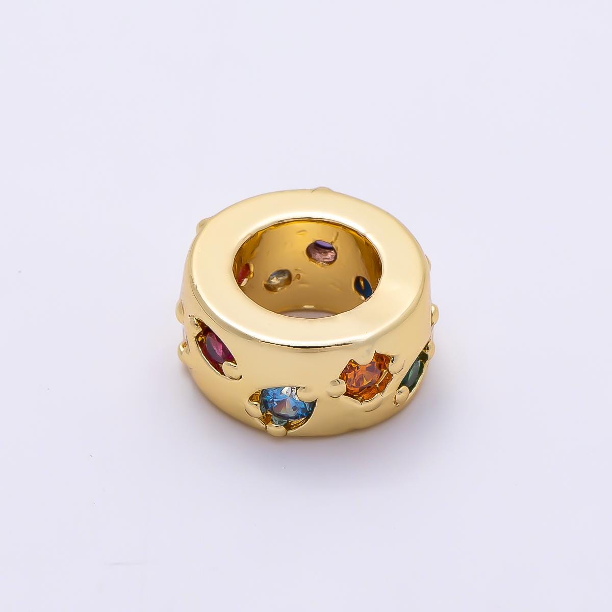 16K Gold Filled 10mm Multicolor CZ Irregular Dotted Rondelle Bead Rainbow Star Cylinder Charm for DIY Jewelry Making Supplies | Beads-00489